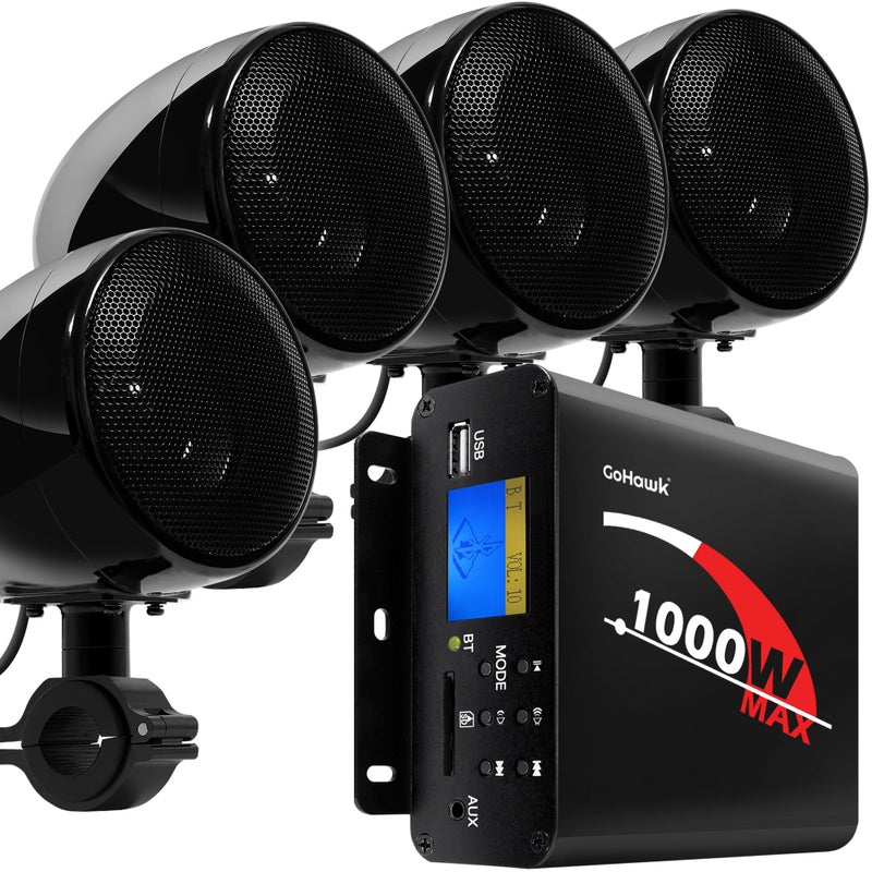 GoHawk سماعات دراجة نارية GoHawk بلوتوث 4 بوصة نظام صوتي راديو مقاوم للماء ومكبر صوت 1000 واط AUX USB SD راديو FM، ممتاز للاستخدام مع ATV / الدراجات النارية، مركبات 12 فولت - Image 1